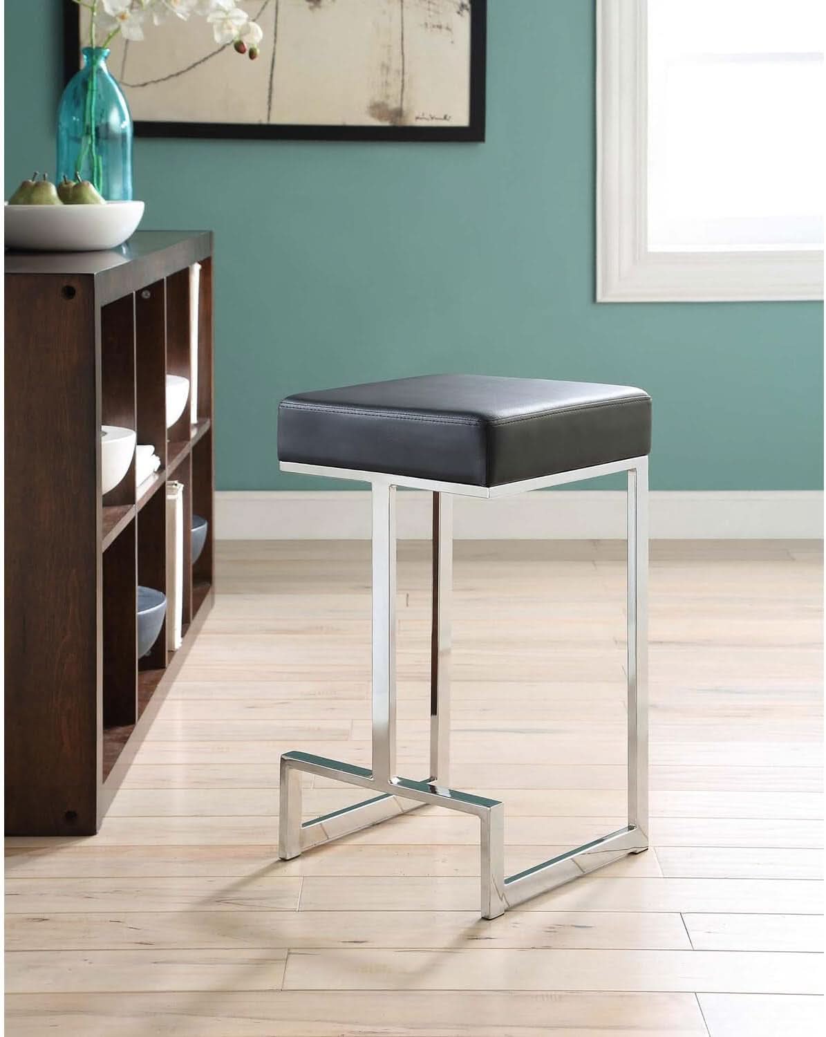 Gervase Square Counter Height Bar Stool Black Chrome Leatherette