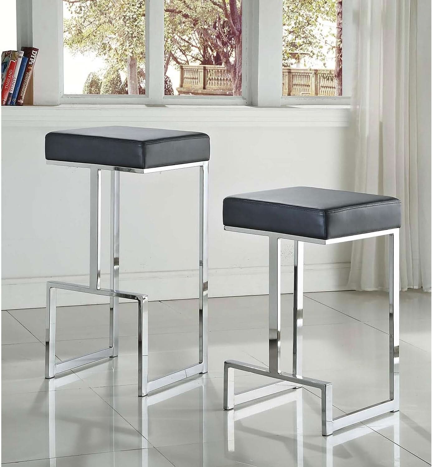 Gervase Square Counter Height Bar Stool Black Chrome Leatherette