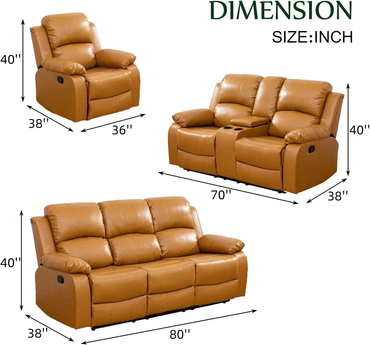 Ginger Leather Recliner Sofa Set 3 Piece With Storage