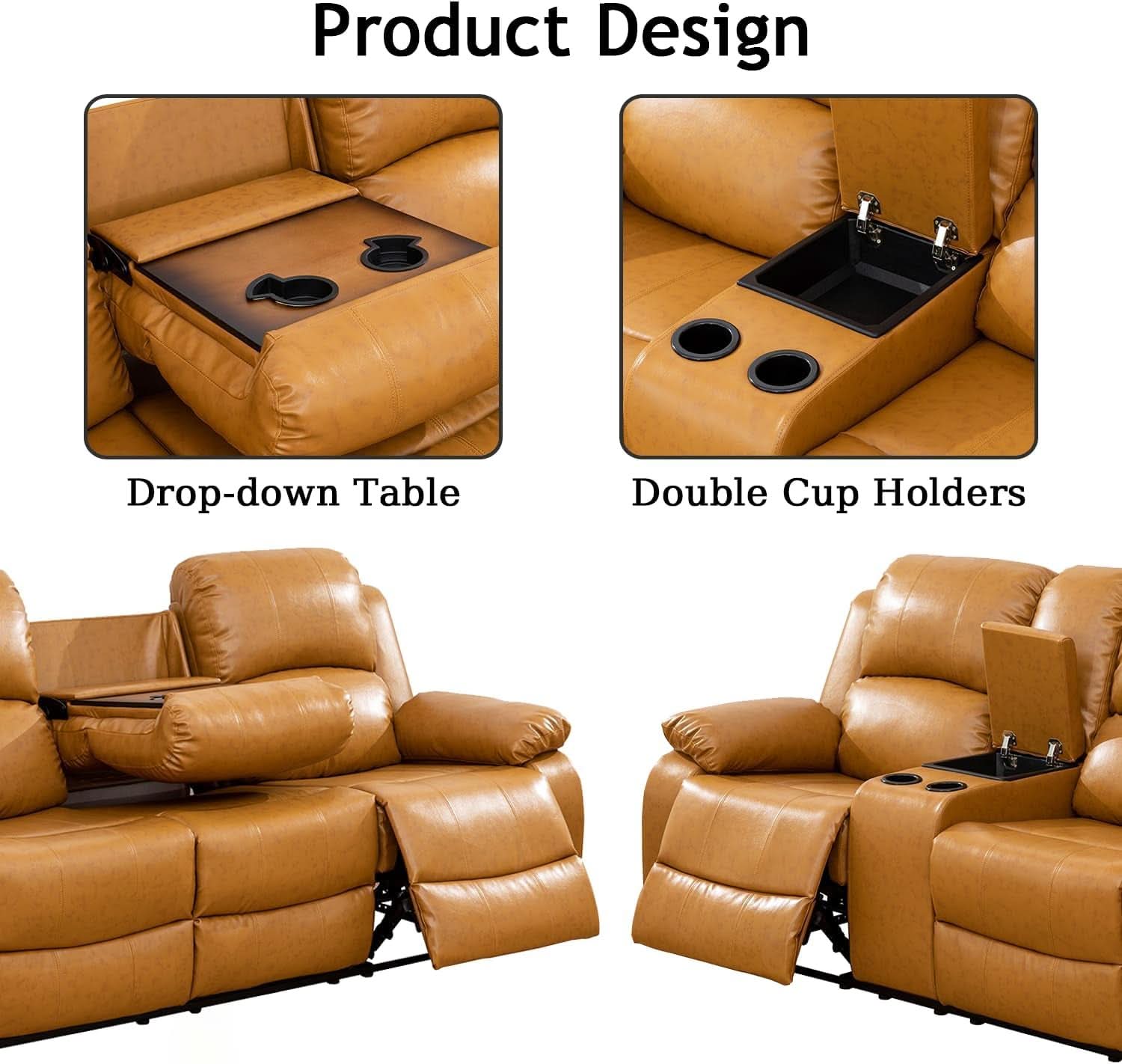 Ginger Leather Recliner Sofa Set 3 Piece With Storage