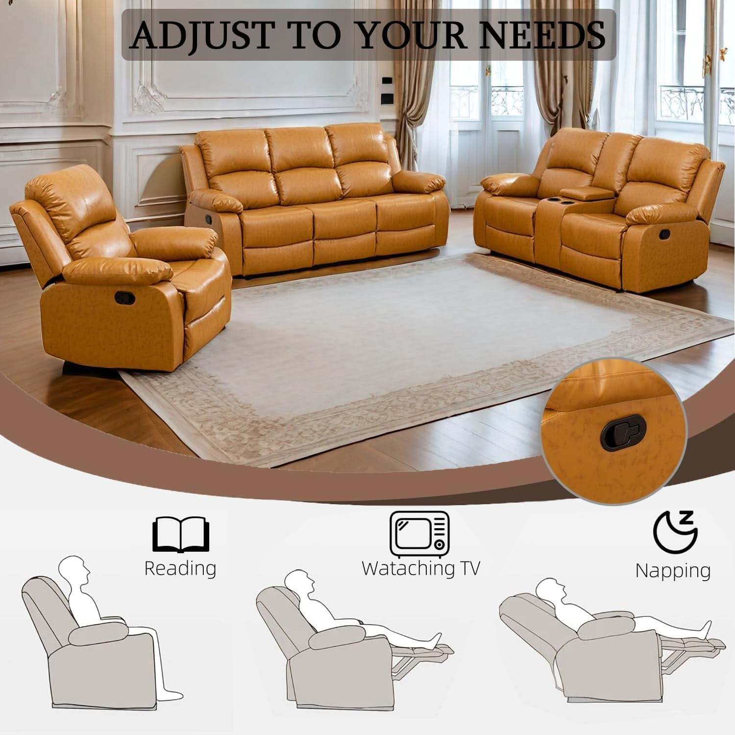 Ginger Leather Recliner Sofa Set 3 Piece With Storage