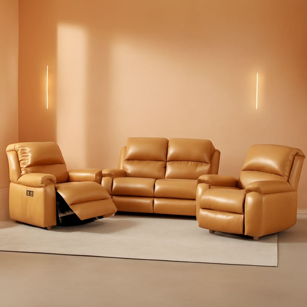 Ginger Leather Recliner Sofa Set 3 Piece With Storage