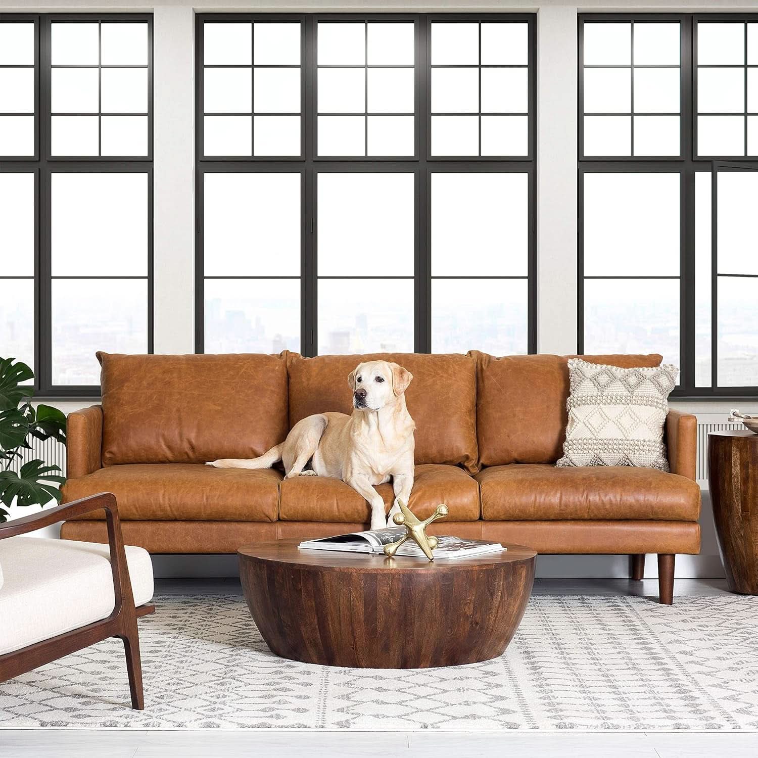 Girona 88 Inch Leather Sofa Cognac Tan With Tufted Back
