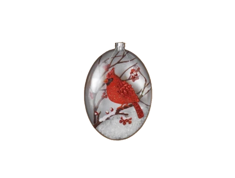 Glass Cardinal Disk Snow Filled Ornament - Oval