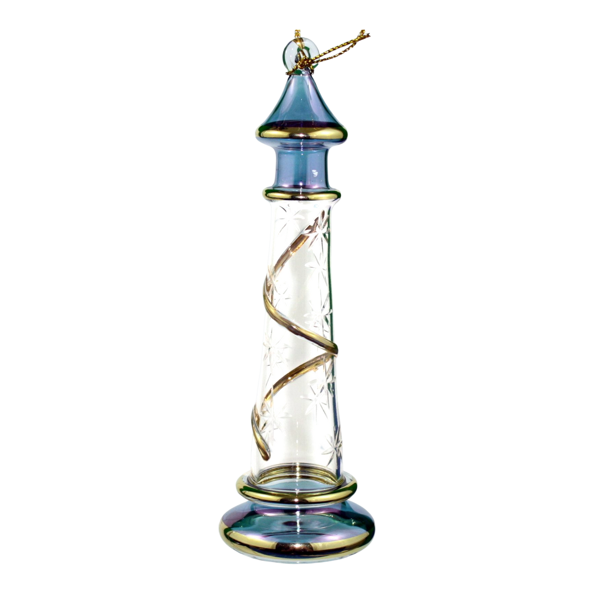 Glass Lighthouse Ornament With Gold Accent - Blue