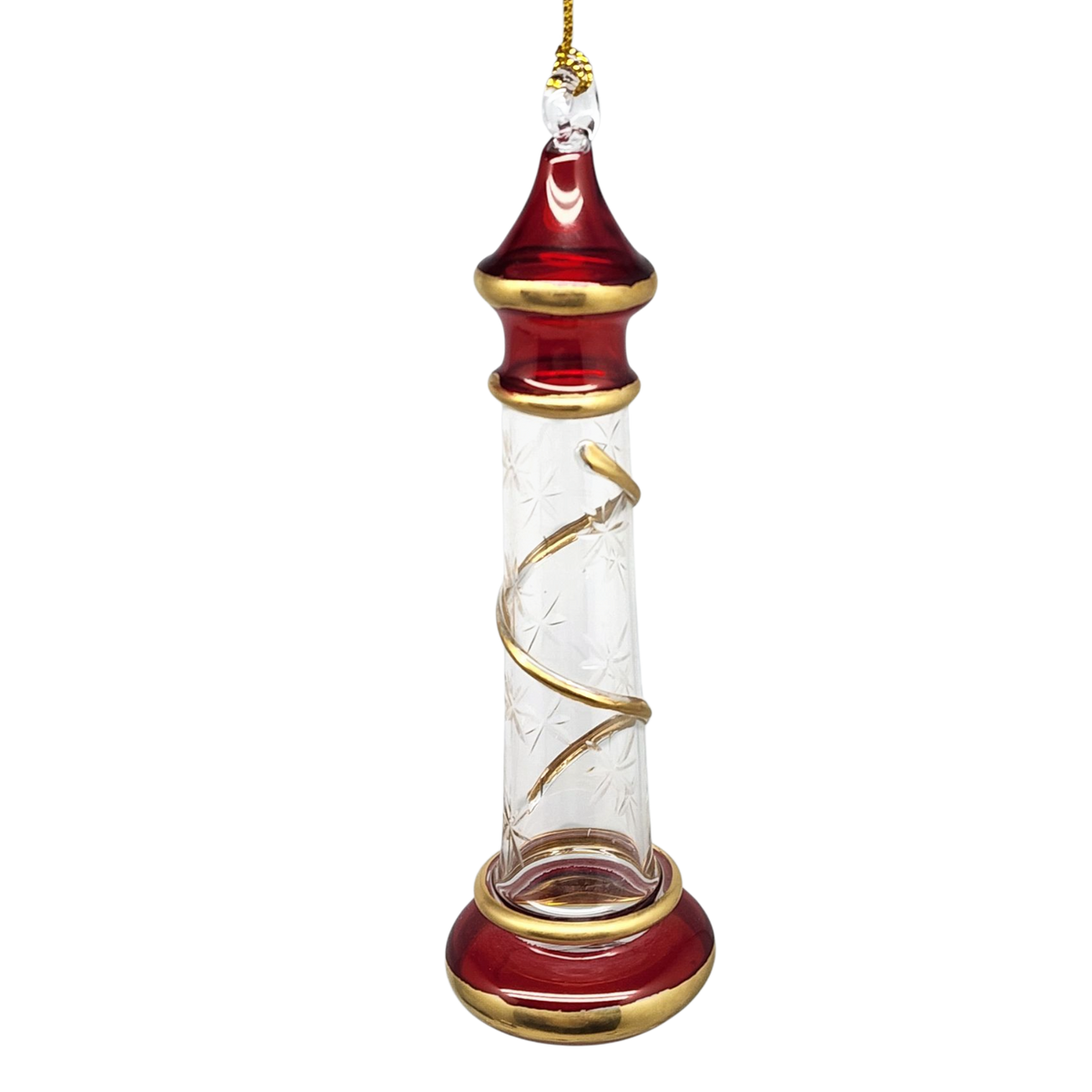 Glass Lighthouse Ornament With Gold Accent - Red