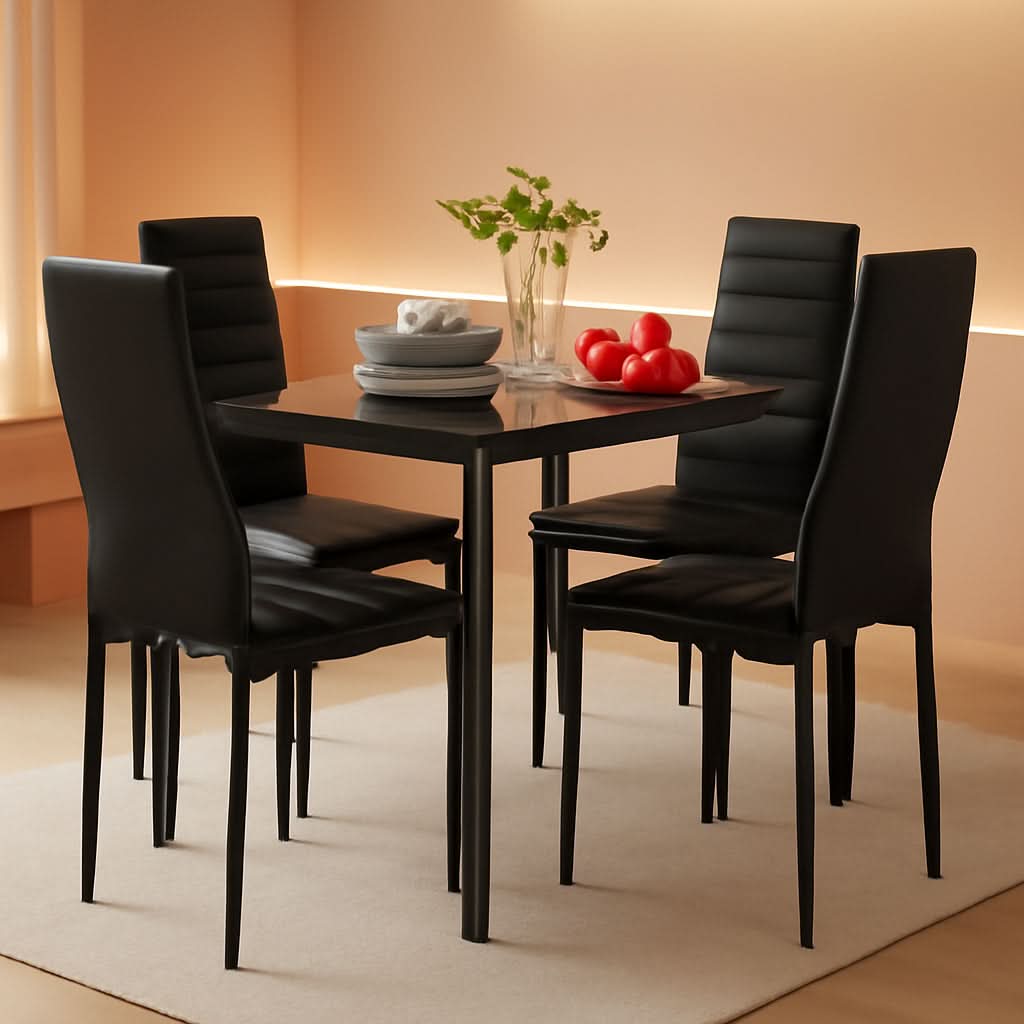 Glass Top Dining Table Set With Steel Frame Leather Chairs