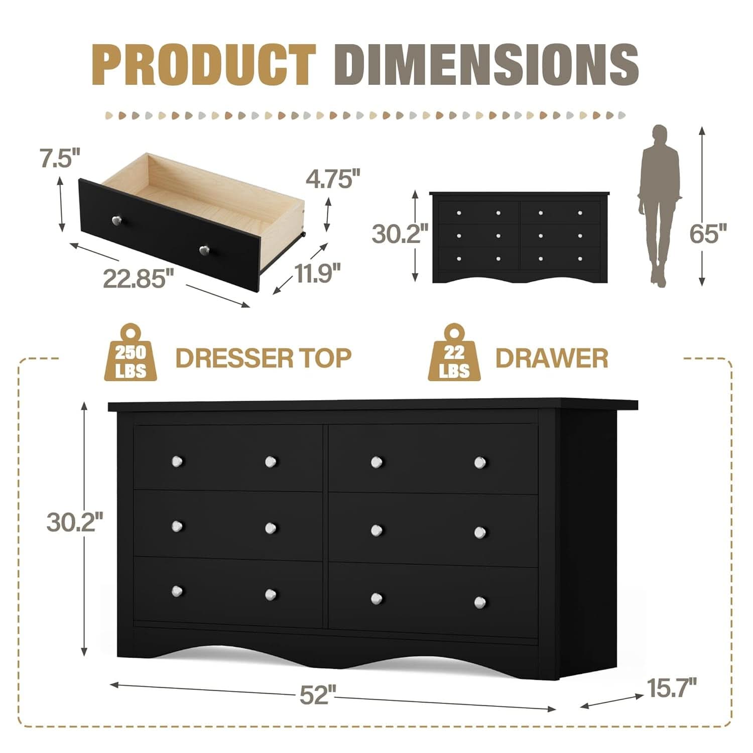 Glossy Black 52 Inch Six Drawer Dresser for Modern Storage