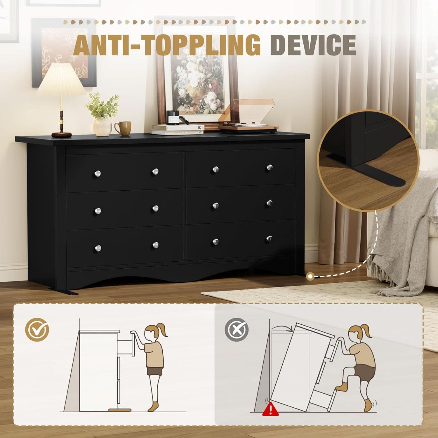 Glossy Black 52 Inch Six Drawer Dresser for Modern Storage