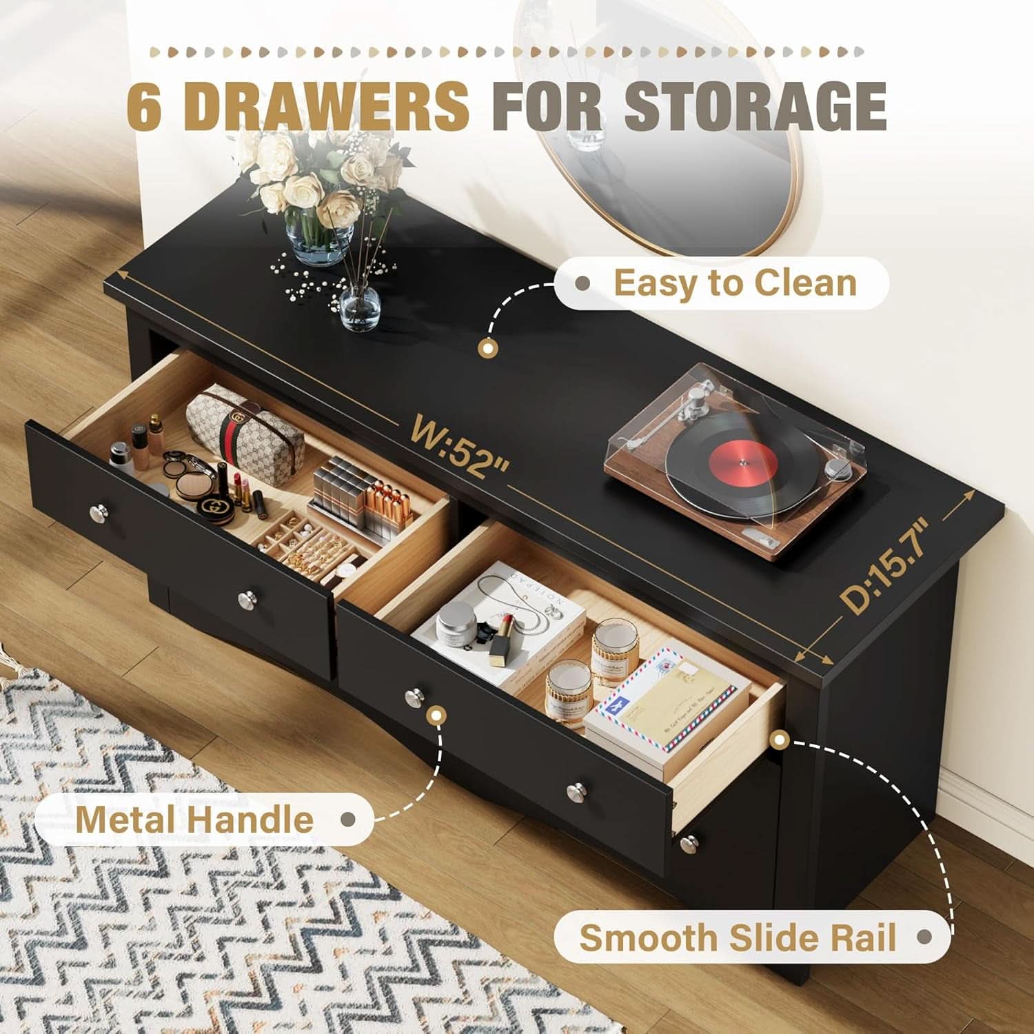 Glossy Black 52 Inch Six Drawer Dresser for Modern Storage