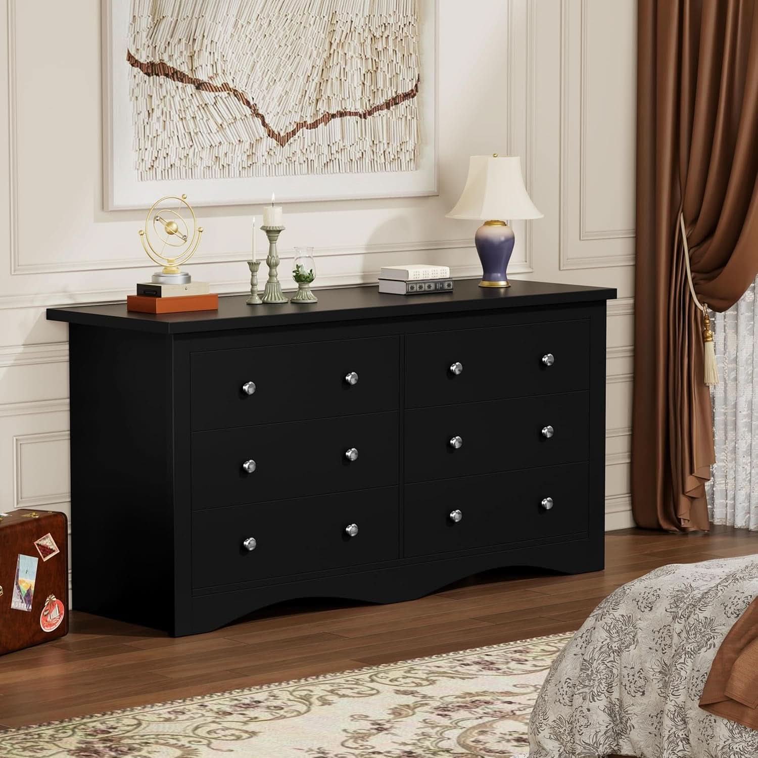 Glossy Black 52 Inch Six Drawer Dresser for Modern Storage