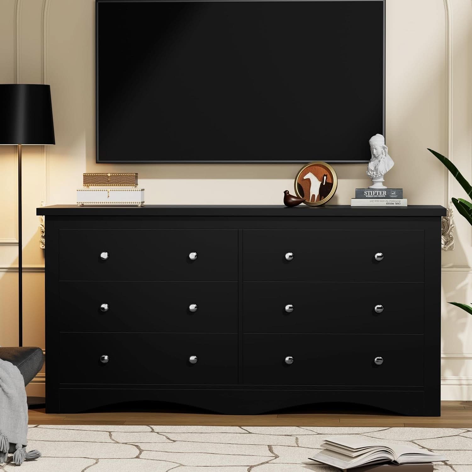 Glossy Black 52 Inch Six Drawer Dresser for Modern Storage