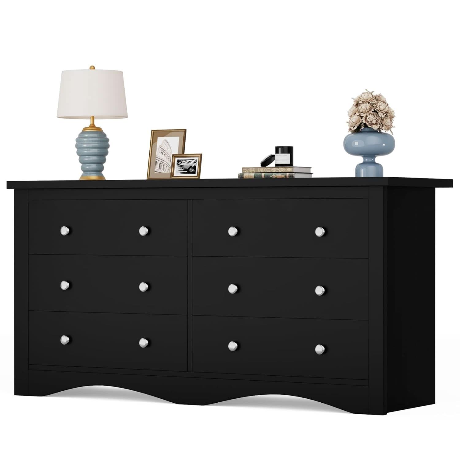 Glossy Black 52 Inch Six Drawer Dresser for Modern Storage