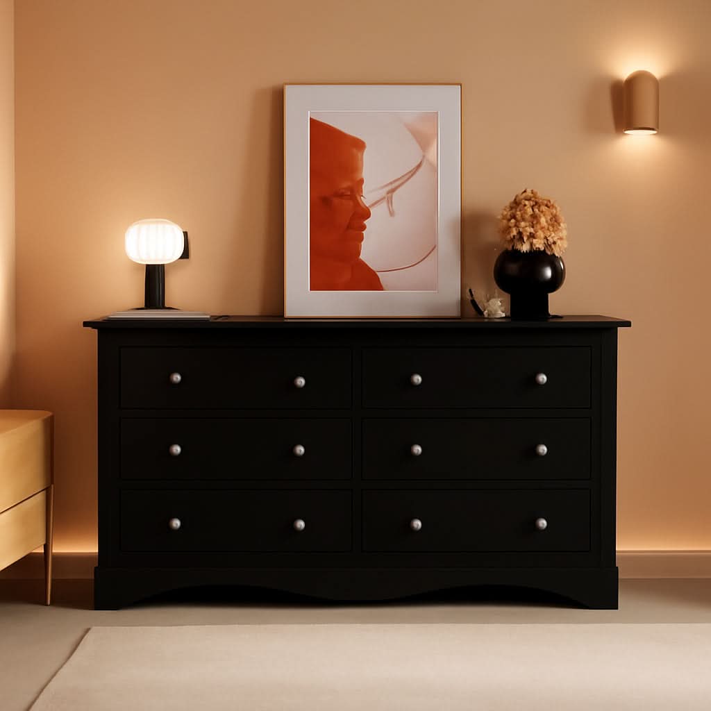 Glossy Black 52 Inch Six Drawer Dresser for Modern Storage