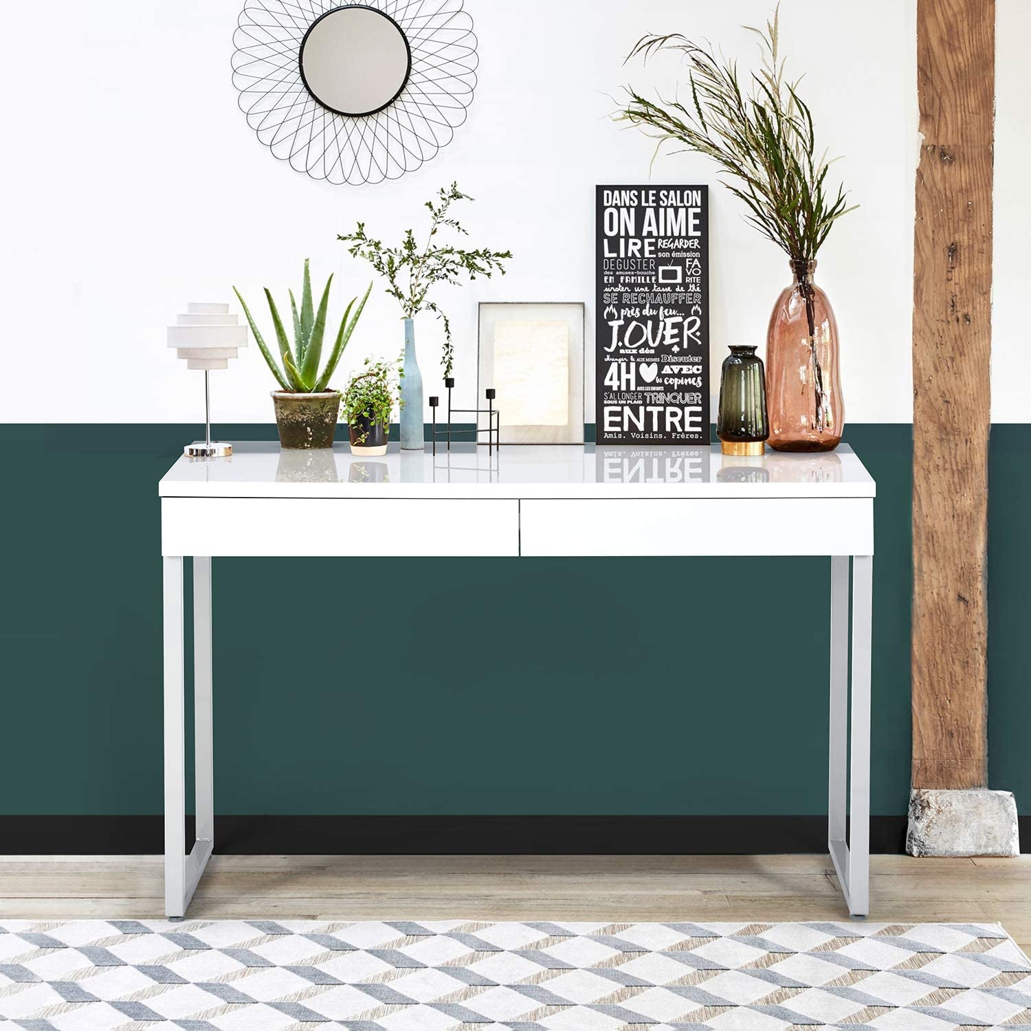 Glossy White Two Drawer Vanity Desk With Large Surface