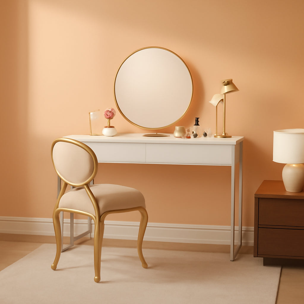 Glossy White Two Drawer Vanity Desk With Large Surface