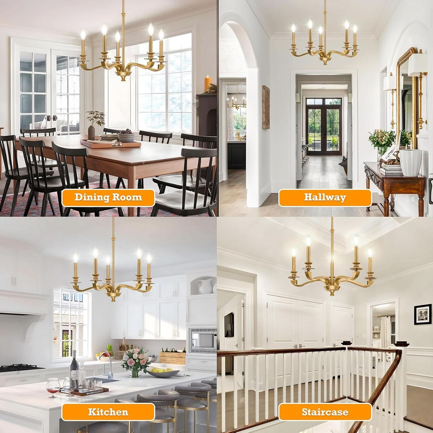 Gold 5 Light Chandelier 25.5 Inch Farmhouse Brass Dining