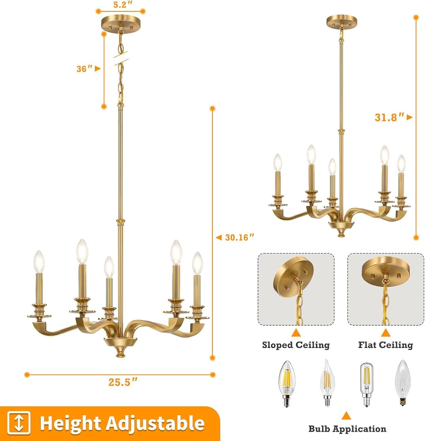 Gold 5 Light Chandelier 25.5 Inch Farmhouse Brass Dining