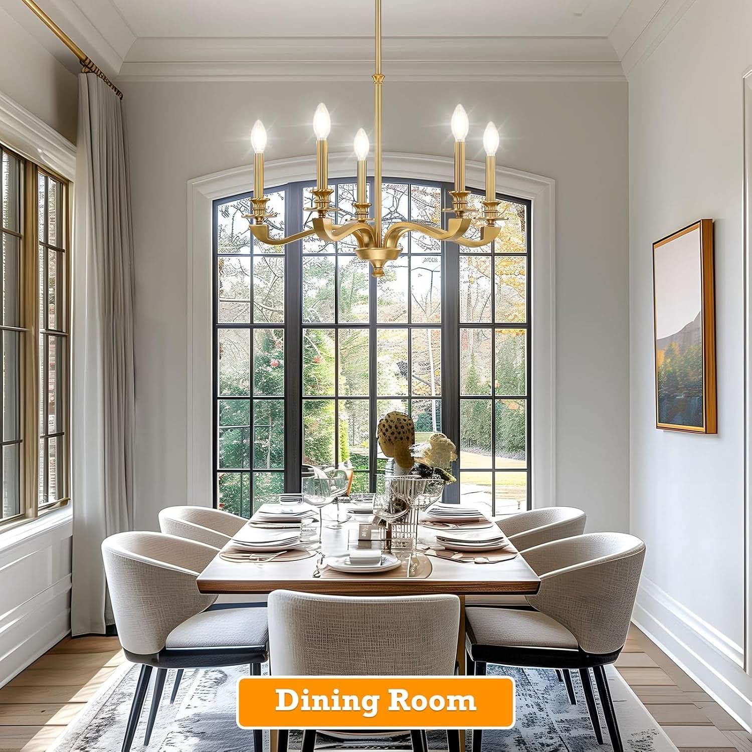 Gold 5 Light Chandelier 25.5 Inch Farmhouse Brass Dining