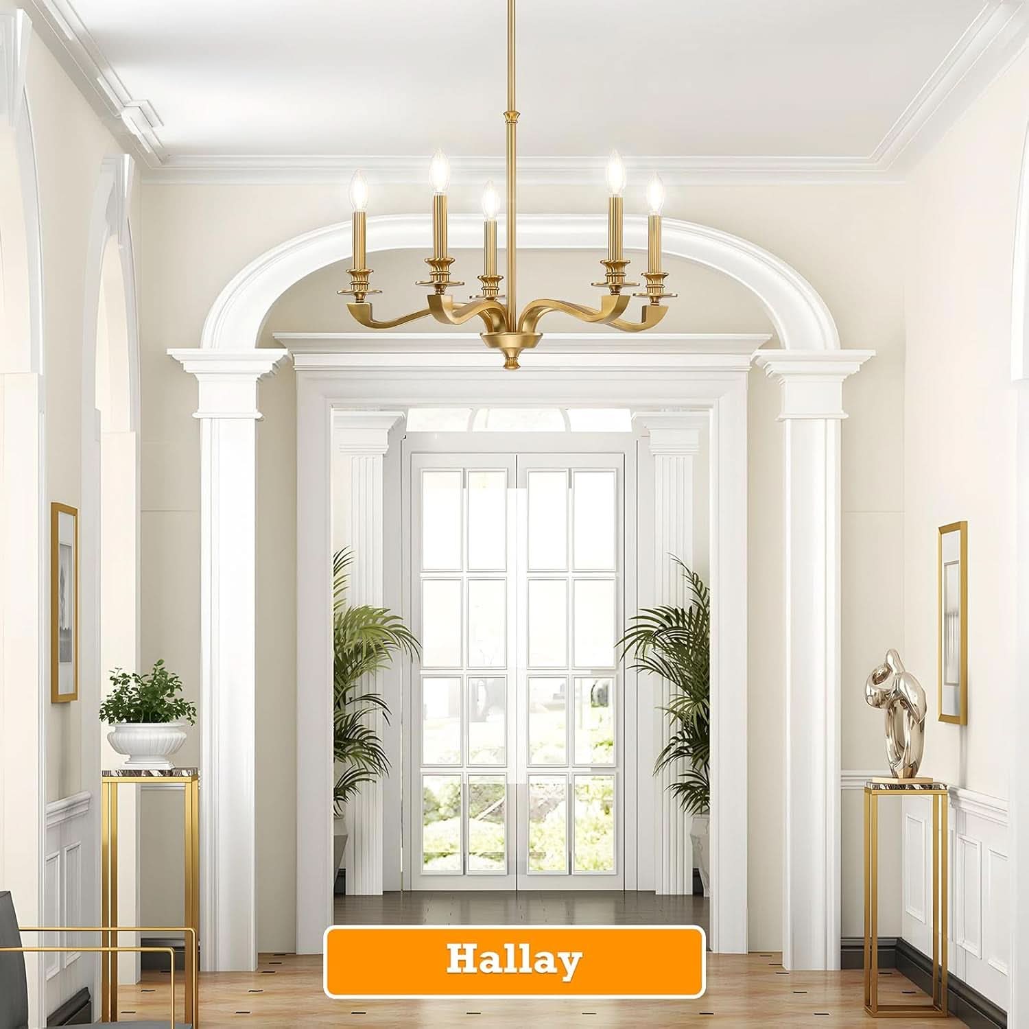 Gold 5 Light Chandelier 25.5 Inch Farmhouse Brass Dining