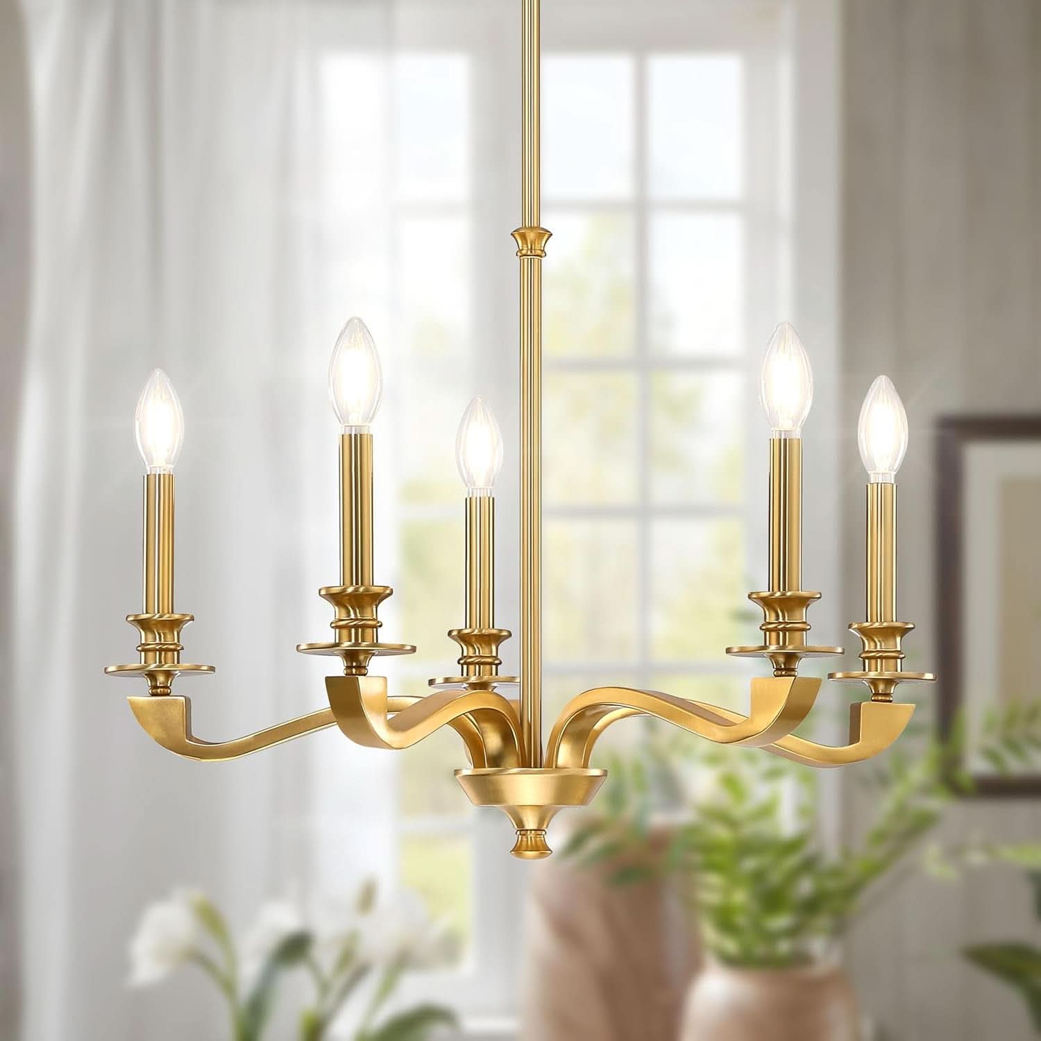 Gold 5 Light Chandelier 25.5 Inch Farmhouse Brass Dining