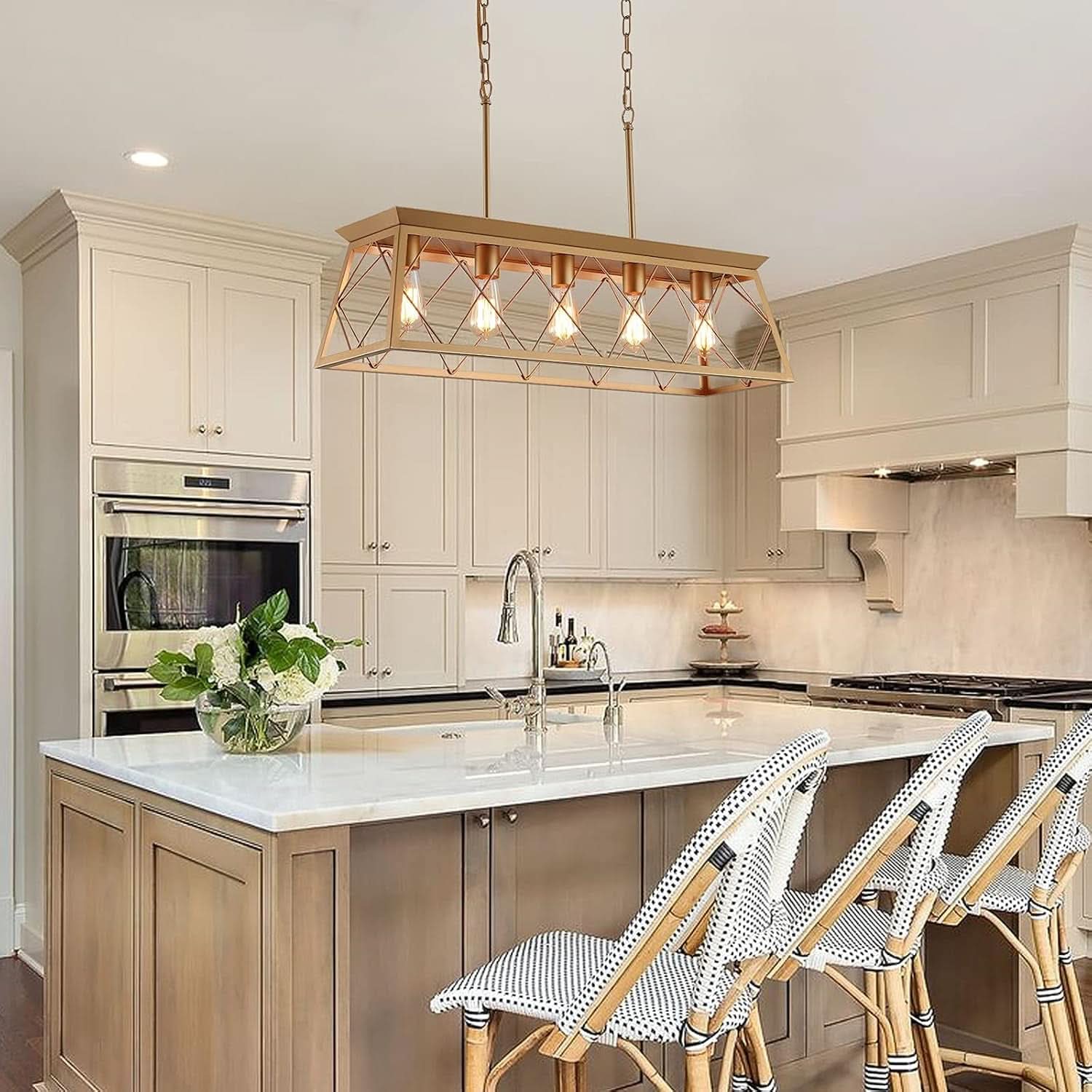 Gold 5 Light Farmhouse Chandelier Linear Ceiling Light