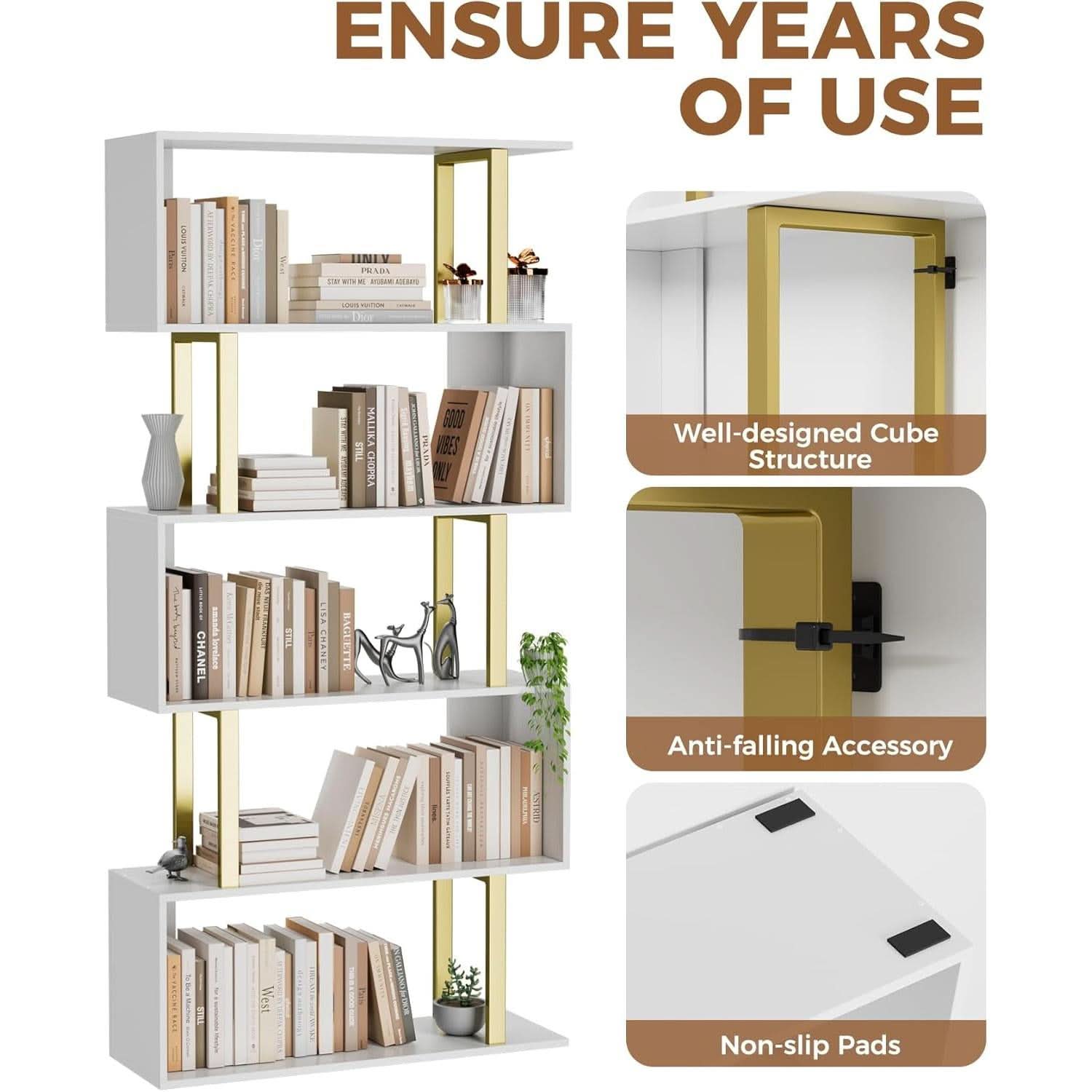 Gold 5 Tier S Shaped Wooden Bookcase For Living Room