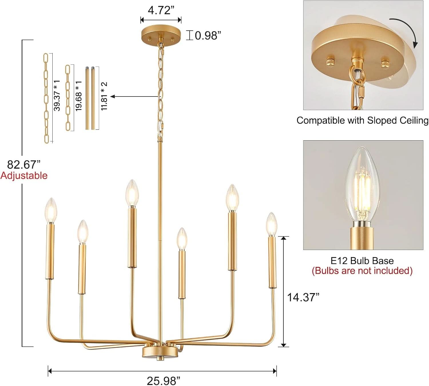 Gold 6 Light Candle Chandelier For Dining Room Modern