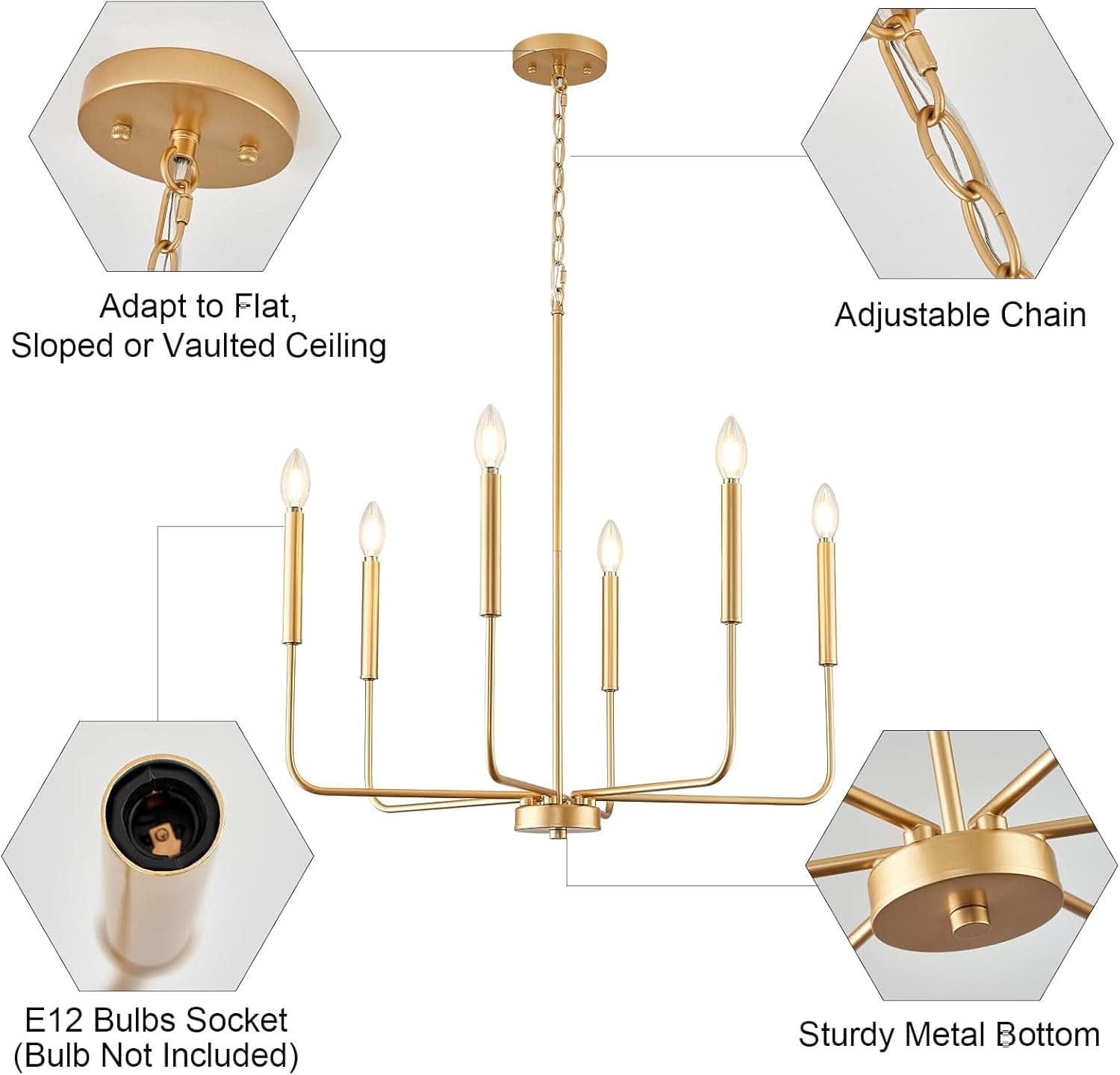 Gold 6 Light Candle Chandelier For Dining Room Modern