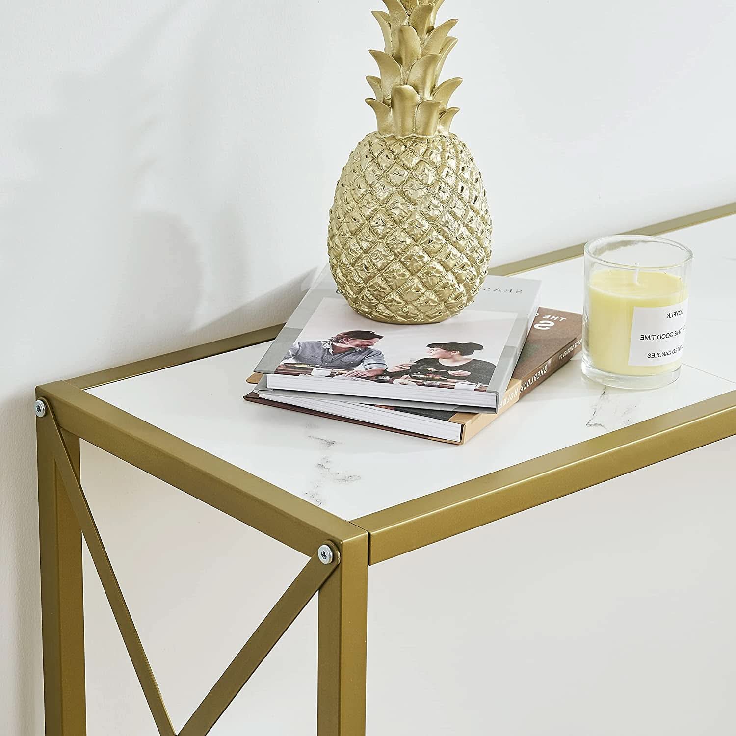 Gold And White Narrow Console Table With Shelves 41 Inch Long