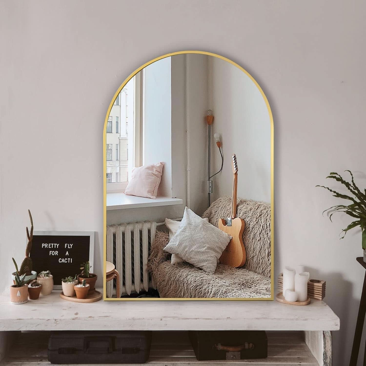 Gold Arched Wall Mirror 24x36 For Bathroom Vanity Decor
