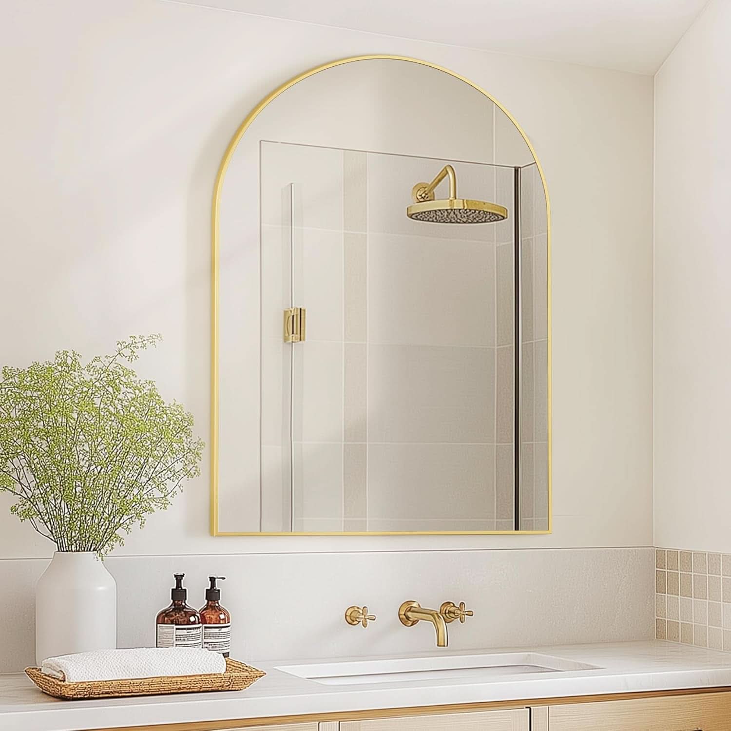 Gold Arched Wall Mirror 24x36 For Bathroom Vanity Decor