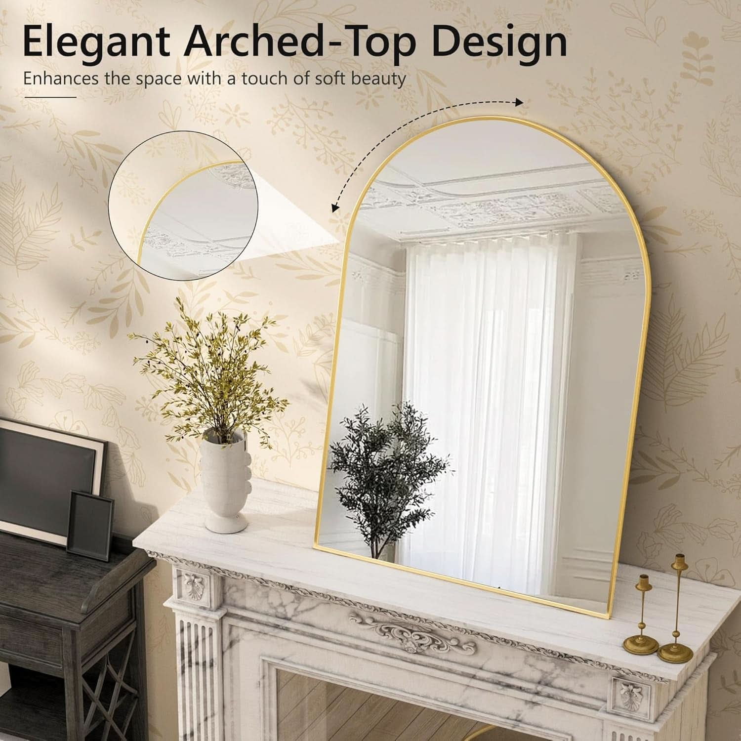Gold Arched Wall Mirror 24x36 For Bathroom Vanity Decor