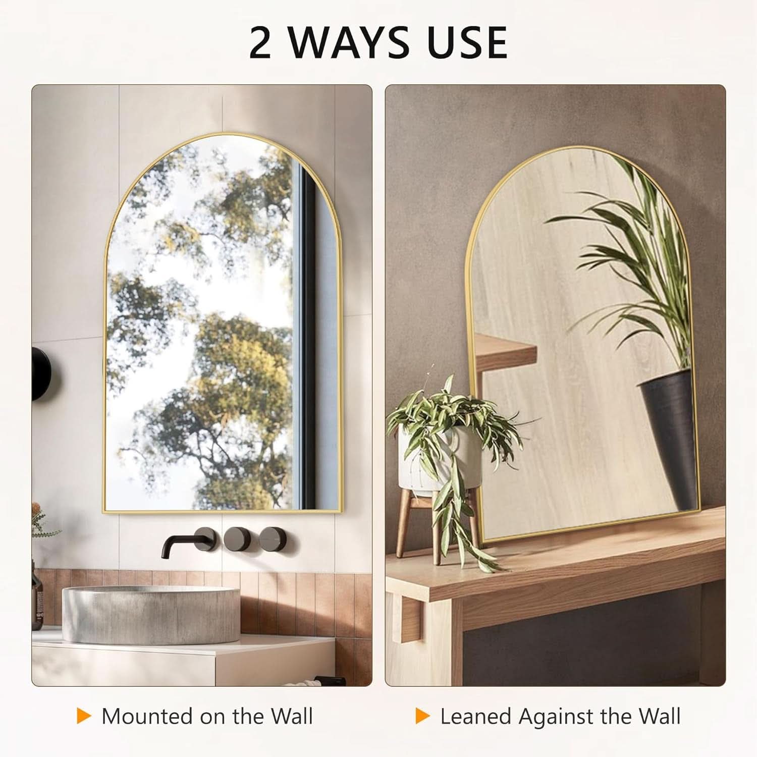Gold Arched Wall Mirror 24x36 For Bathroom Vanity Decor