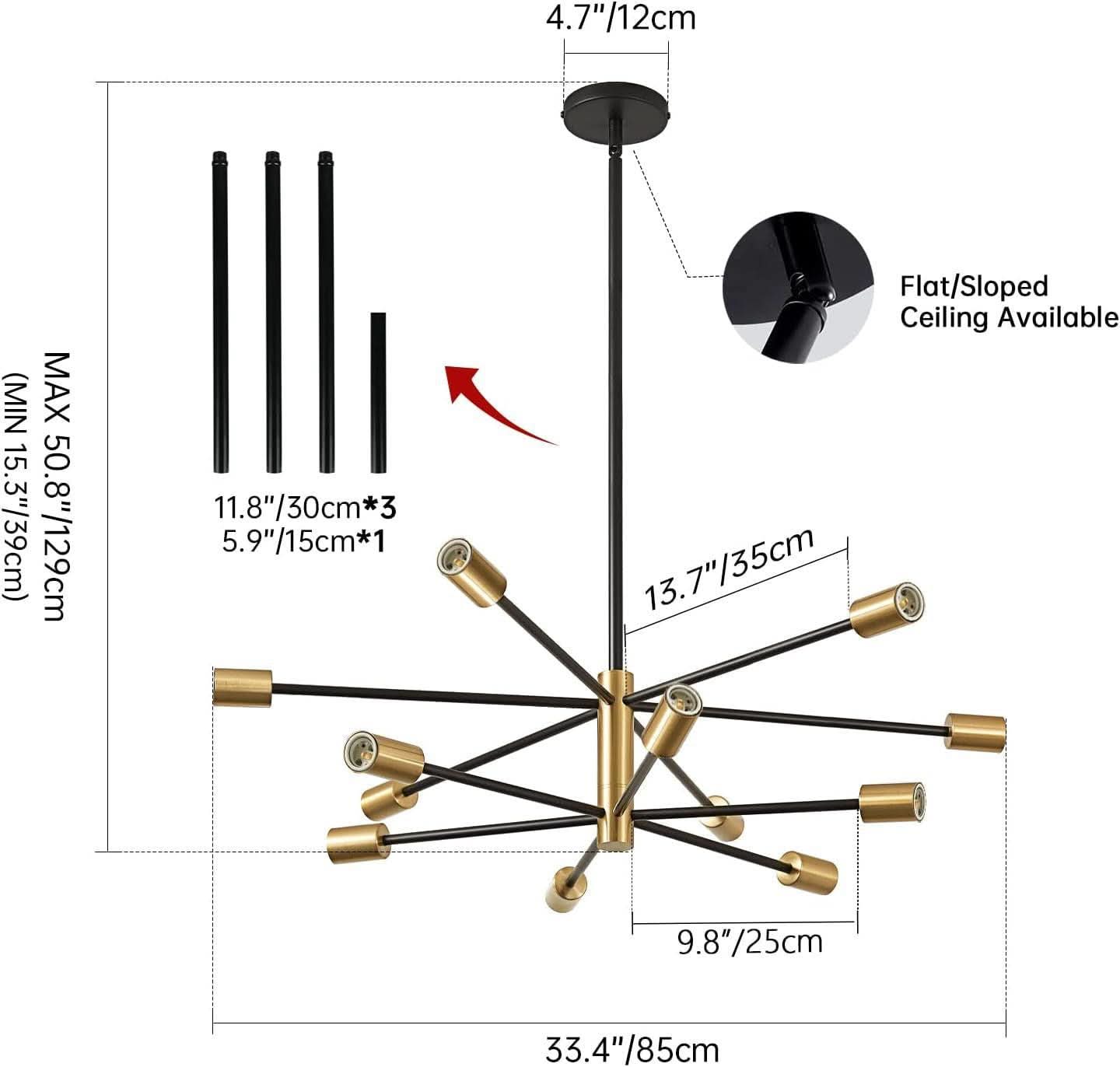 Gold Black Sputnik Chandelier 12 Light With Adjustable Height