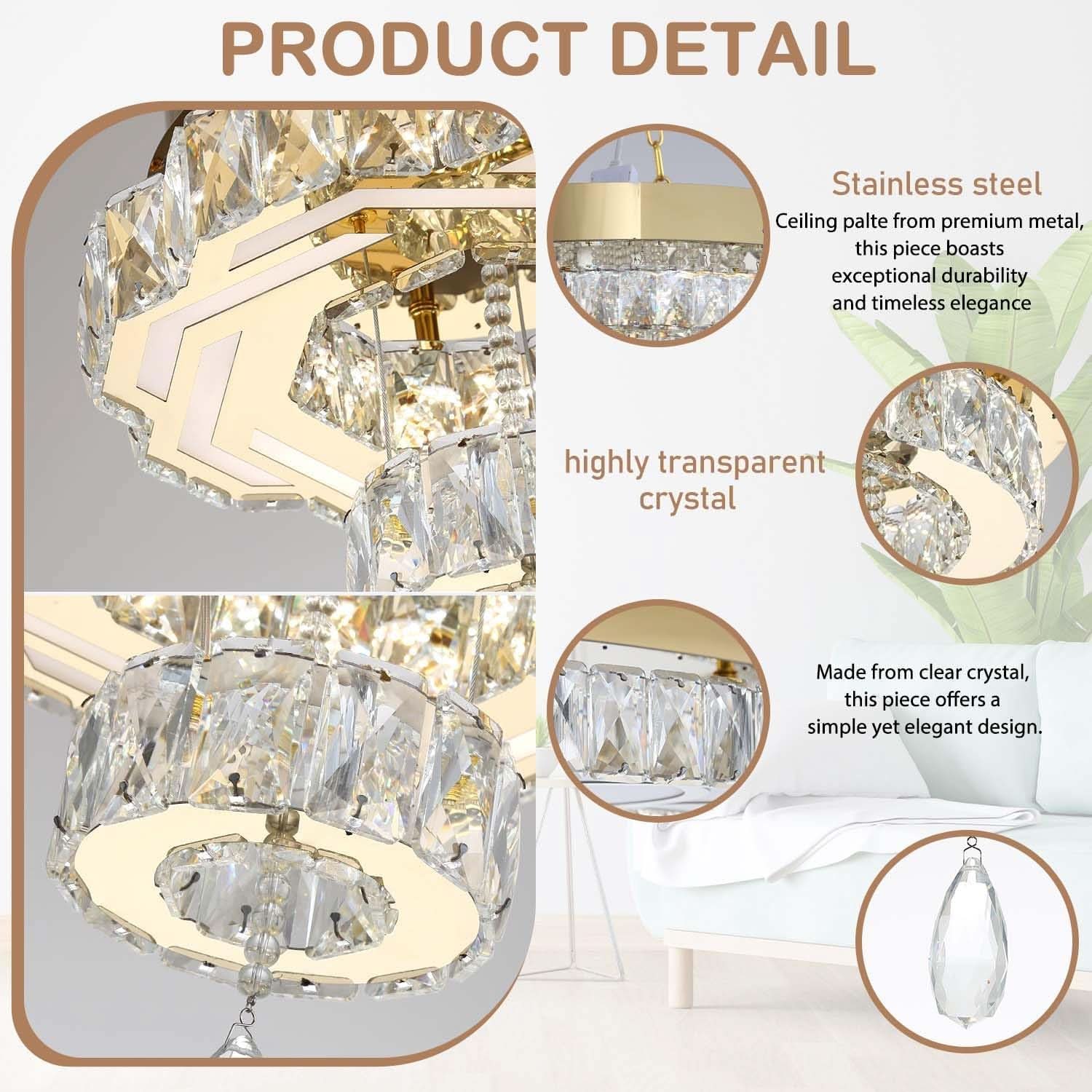Gold Crystal Chandelier 12 Inch Dimmable Flush Mount