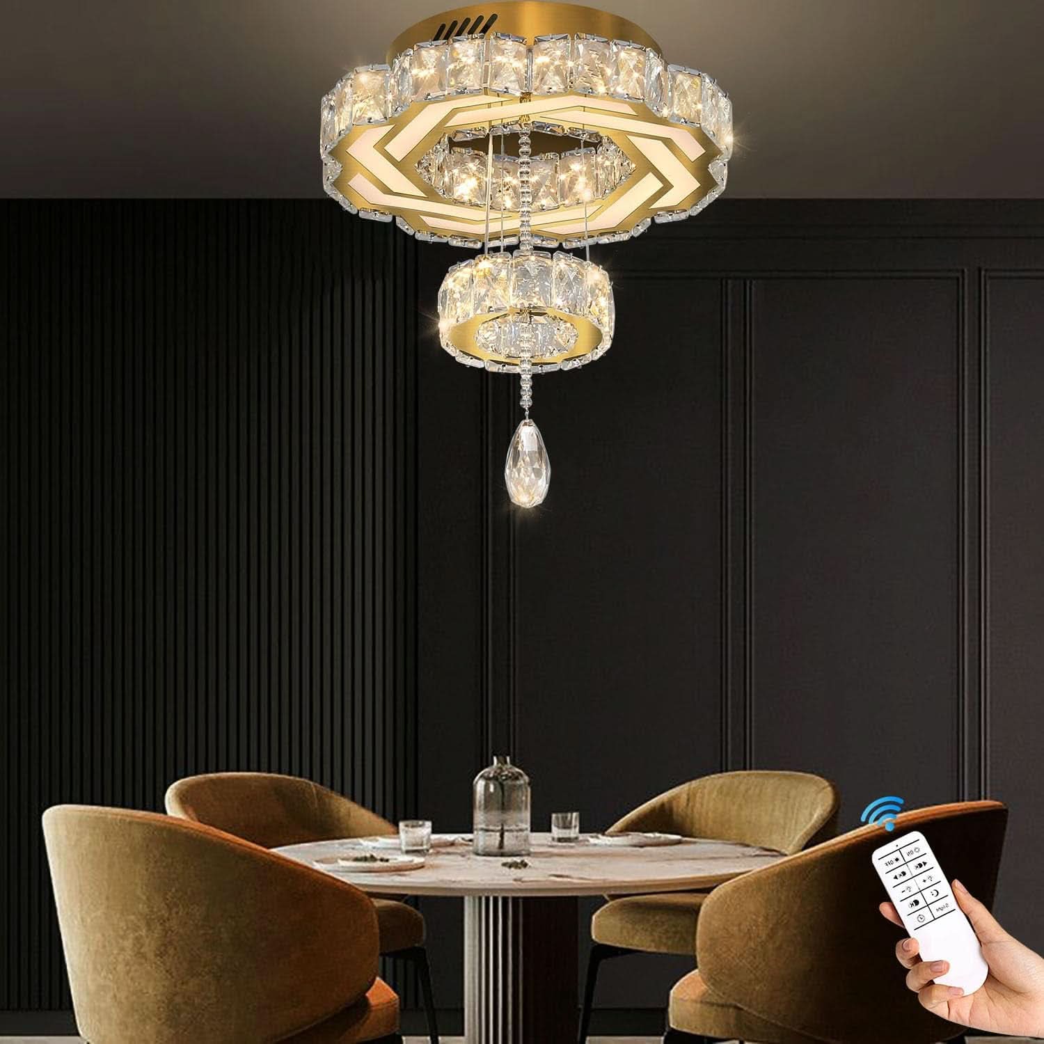 Gold Crystal Chandelier 12 Inch Dimmable Flush Mount