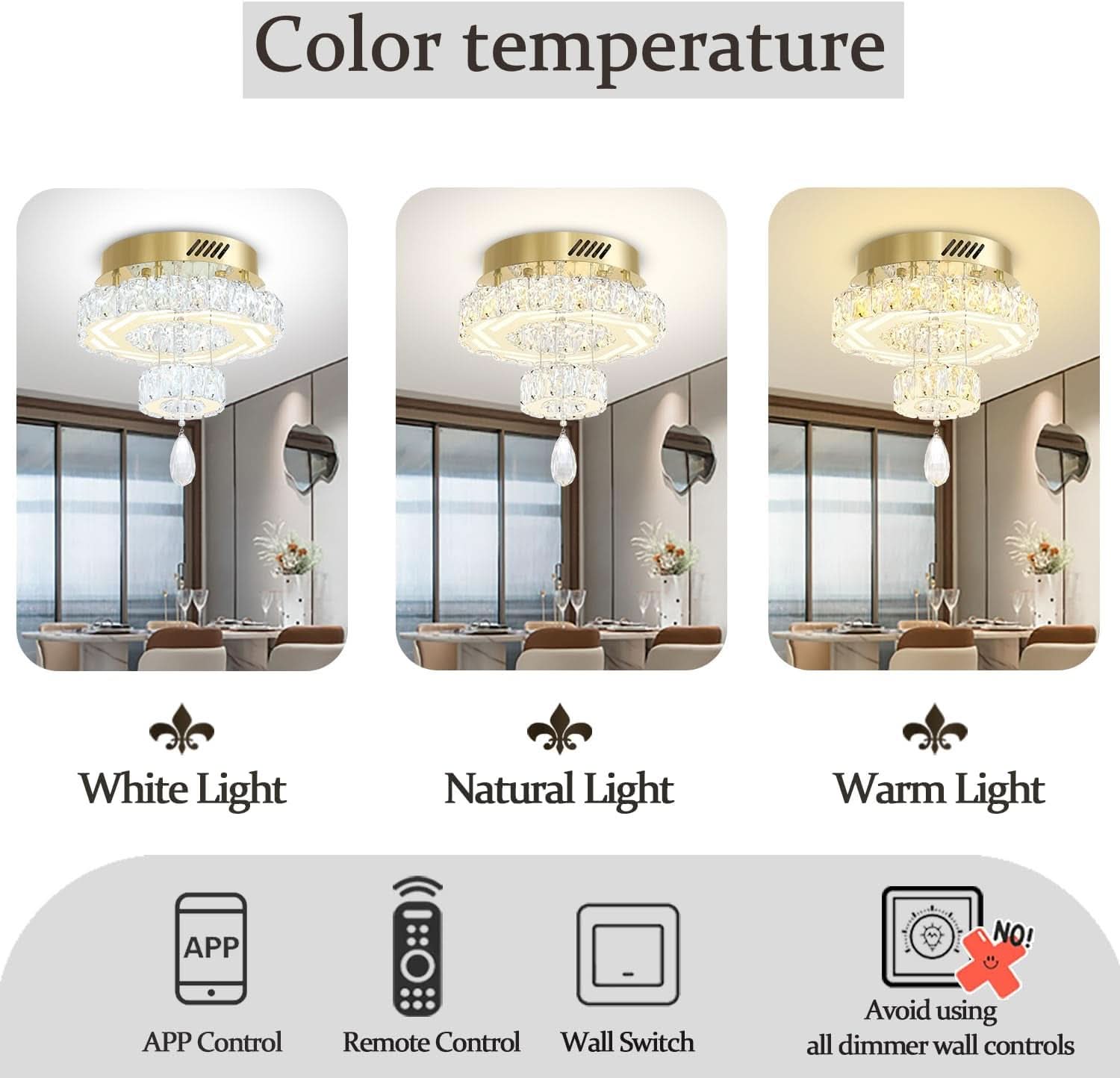 Gold Crystal Chandelier 12 Inch Dimmable Flush Mount