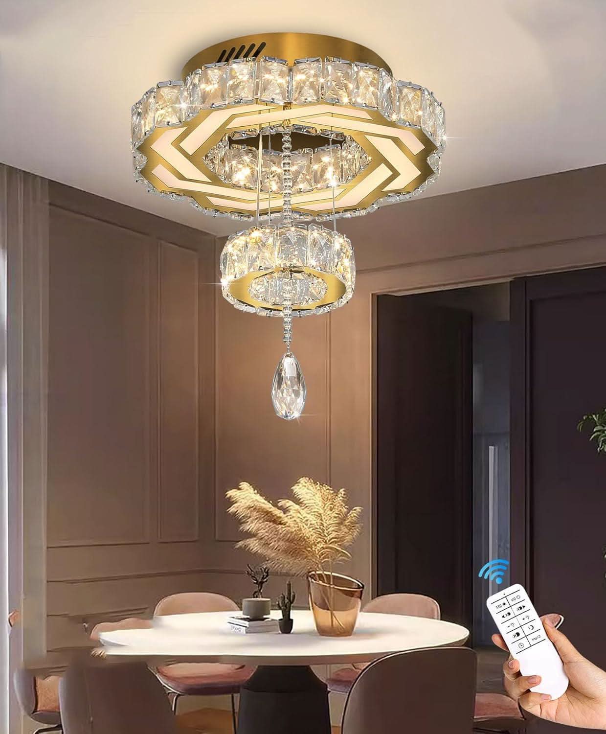 Gold Crystal Chandelier 12 Inch Dimmable Flush Mount