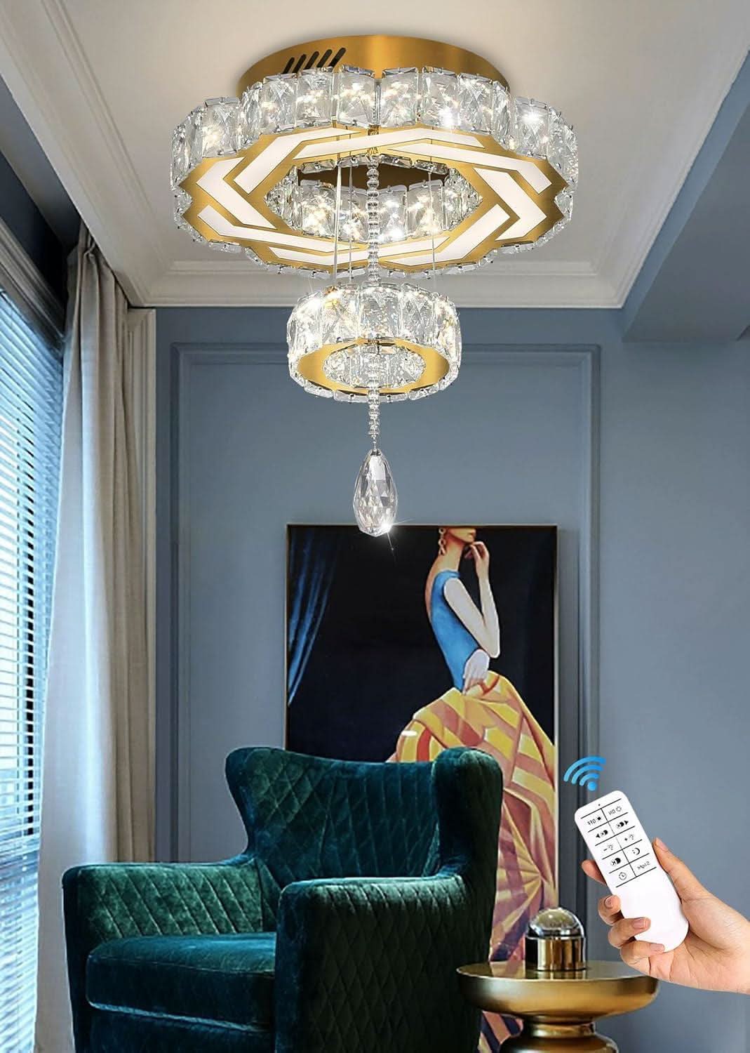 Gold Crystal Chandelier 12 Inch Dimmable Flush Mount