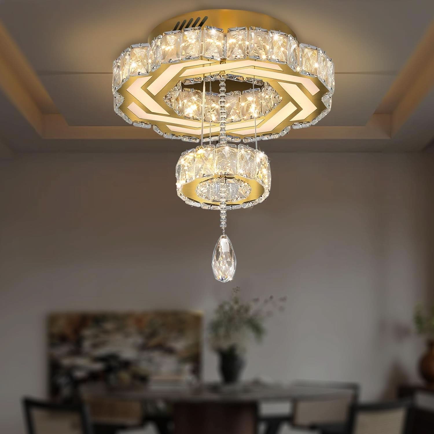 Gold Crystal Chandelier 12 Inch Dimmable Flush Mount