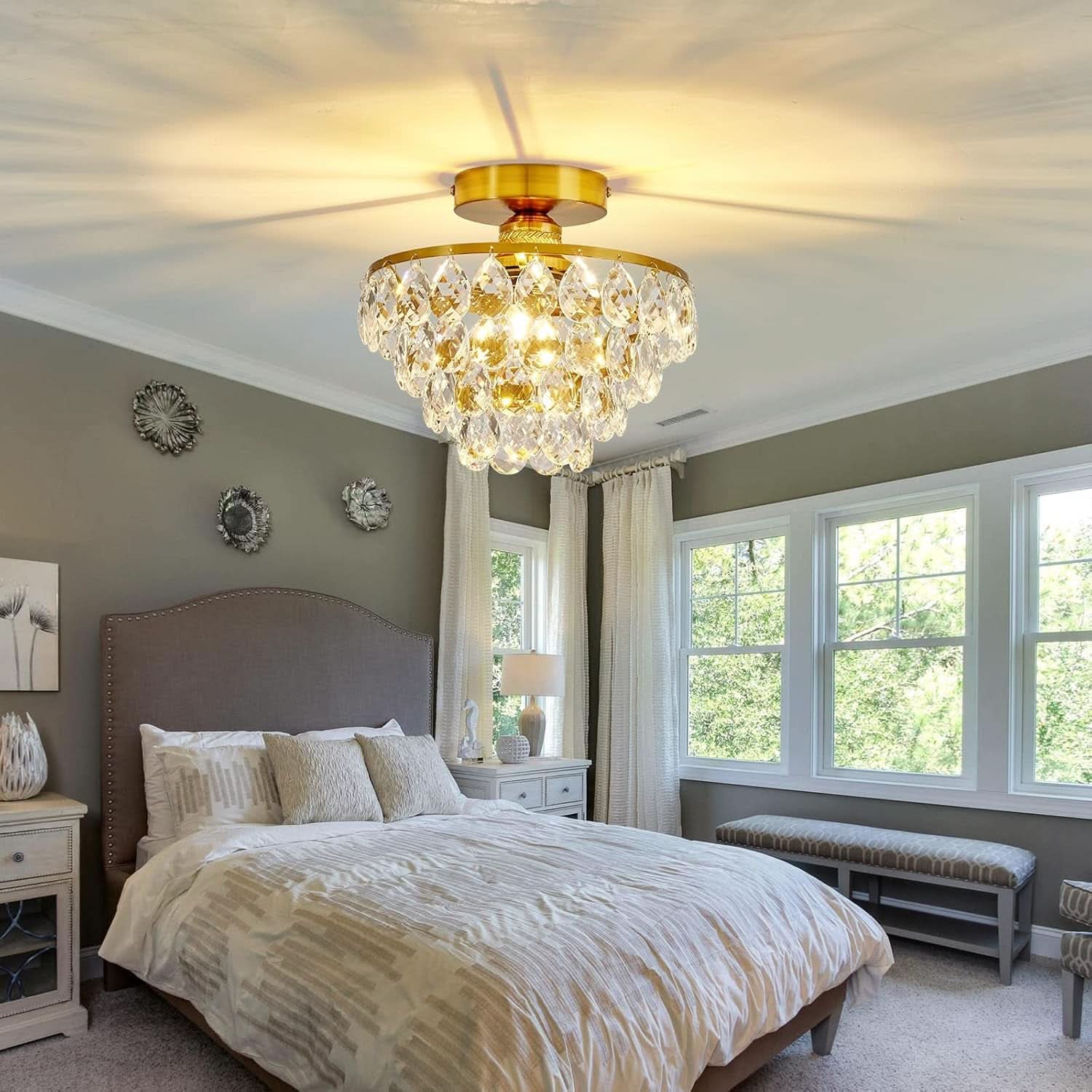Gold Crystal Chandelier E26 Semi Flush Mount Ceiling Light