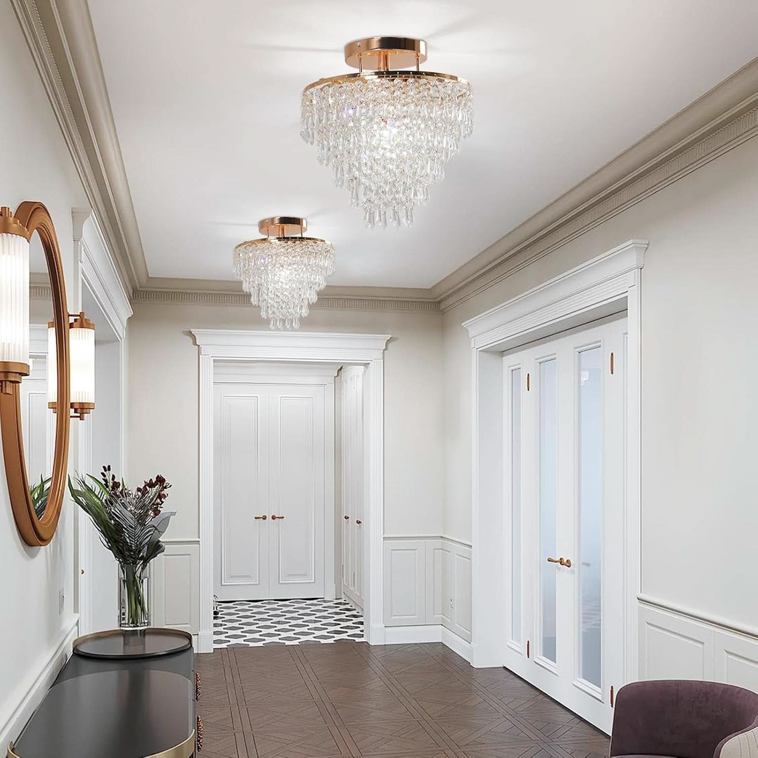 Gold Crystal Flush Mount Chandelier 30cm Ceiling Light