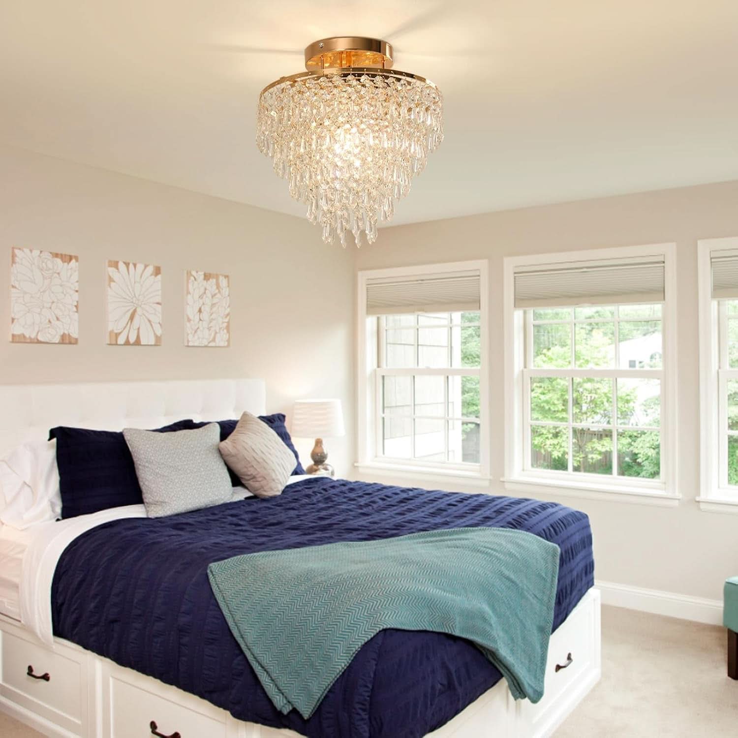 Gold Crystal Flush Mount Chandelier 30cm Ceiling Light