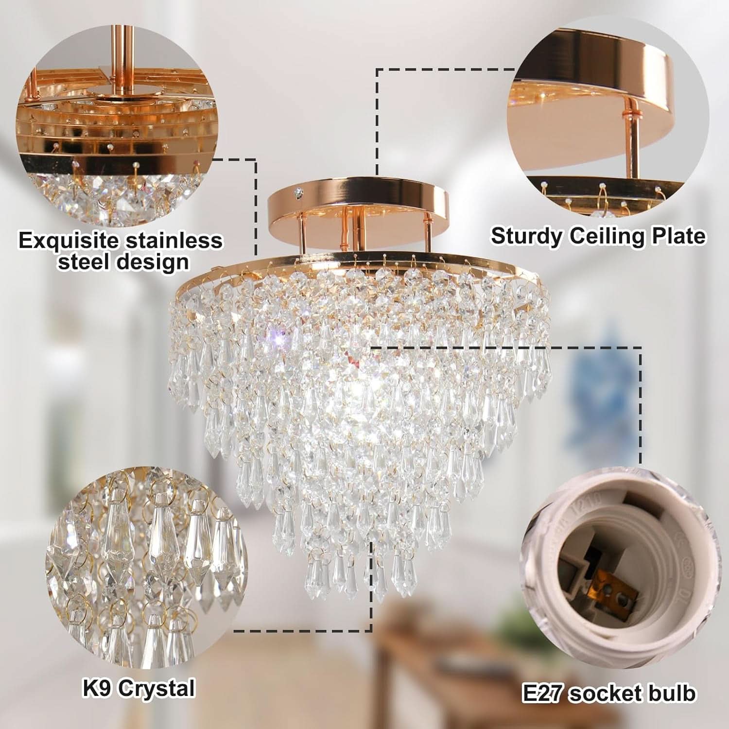 Gold Crystal Flush Mount Chandelier 30cm Ceiling Light