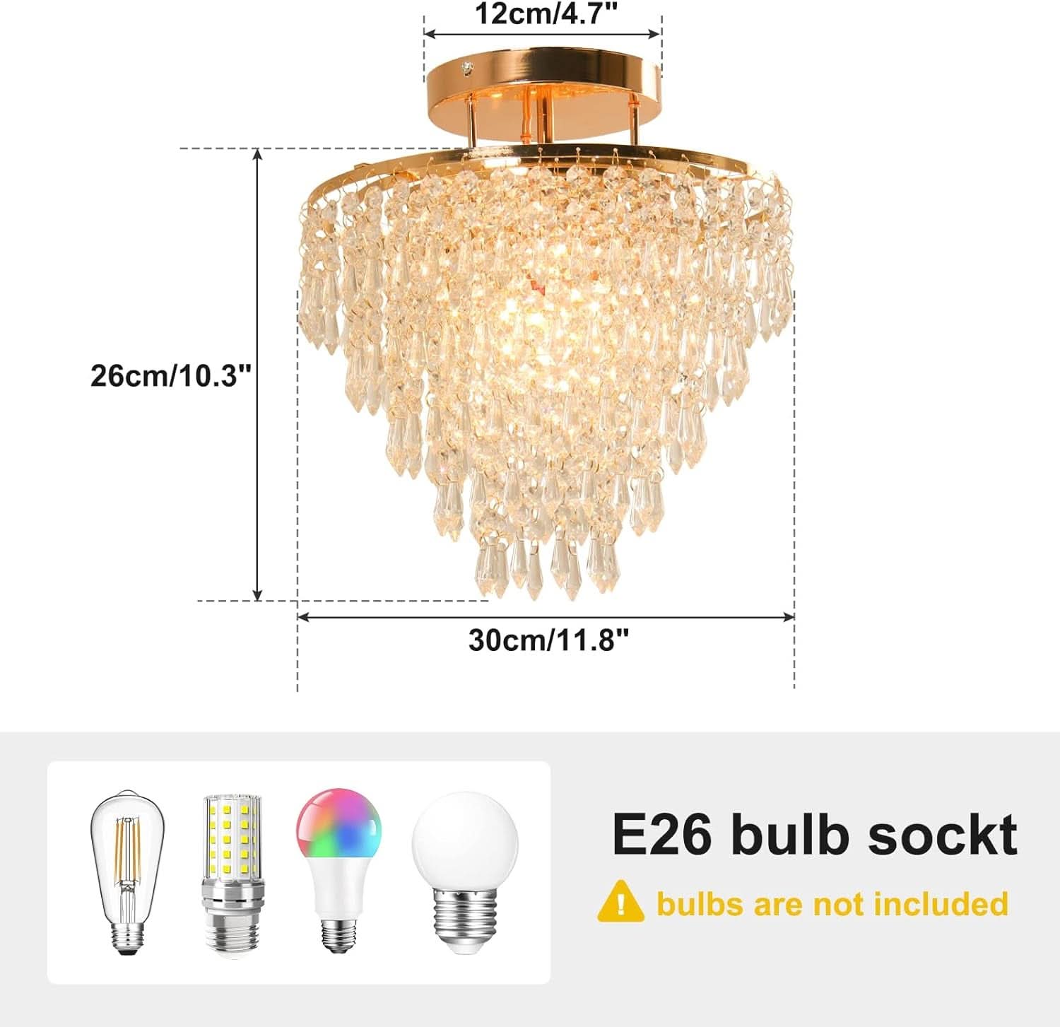 Gold Crystal Flush Mount Chandelier 30cm Ceiling Light