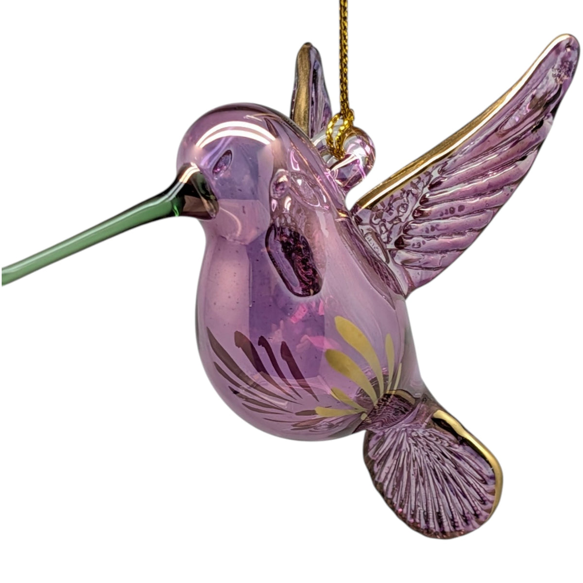 Gold Etched Glass Hummingbird Ornament - Purple with Green Beak