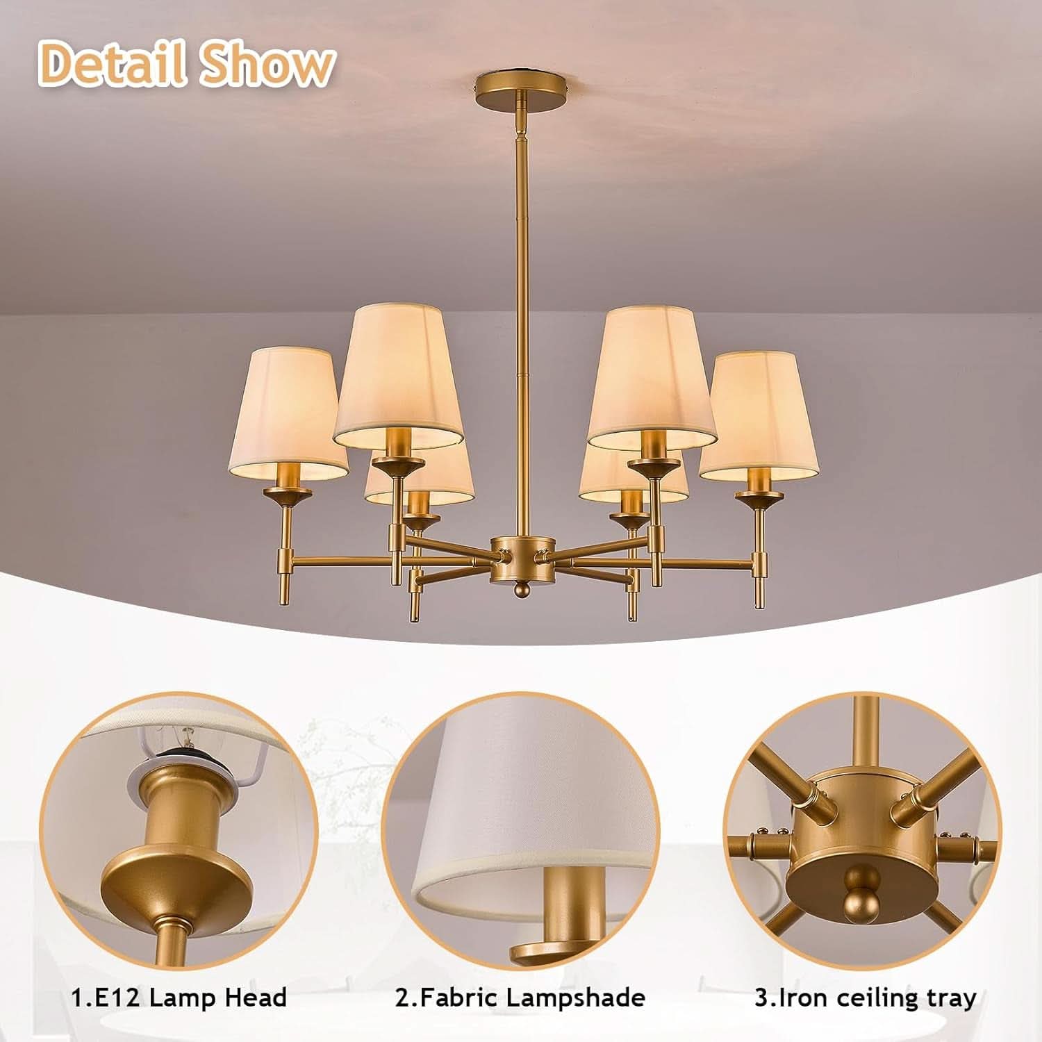 Gold Farmhouse Chandelier 6 Light Linen Shade Fixture