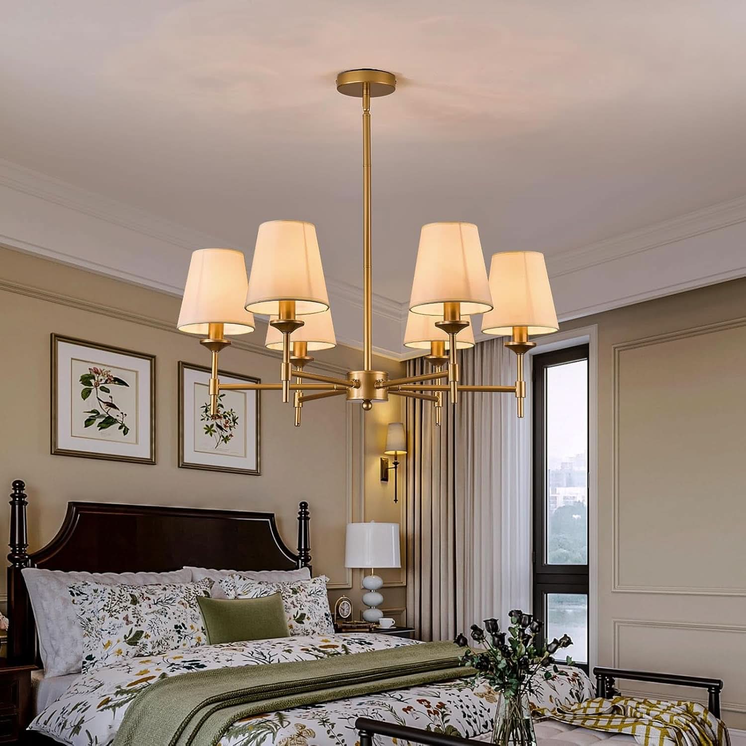 Gold Farmhouse Chandelier 6 Light Linen Shade Fixture