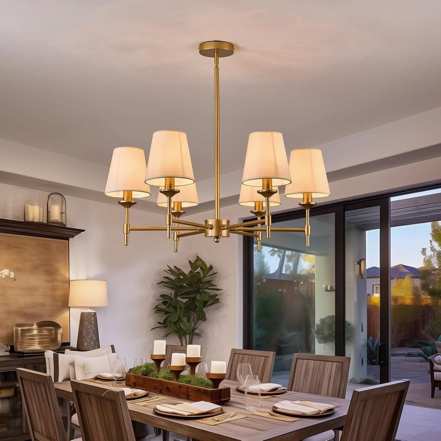 Gold Farmhouse Chandelier 6 Light Linen Shade Fixture